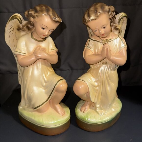 Christmas Angels Kneeing Set Nativity Figurines 1950 Solid Plaster Painted CHIPS - Picture 1 of 16